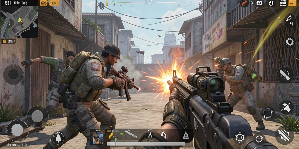 Screenshot menunjukkan pertempuran intens dalam game FPS 93337.