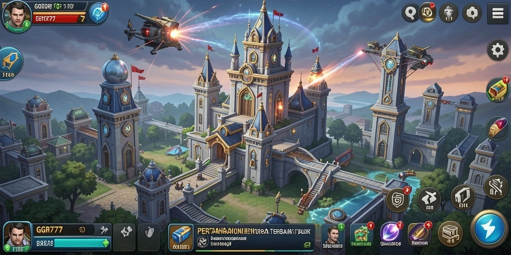 Tampilan menara dan musuh dalam gameplay Tower Defense GGR777.