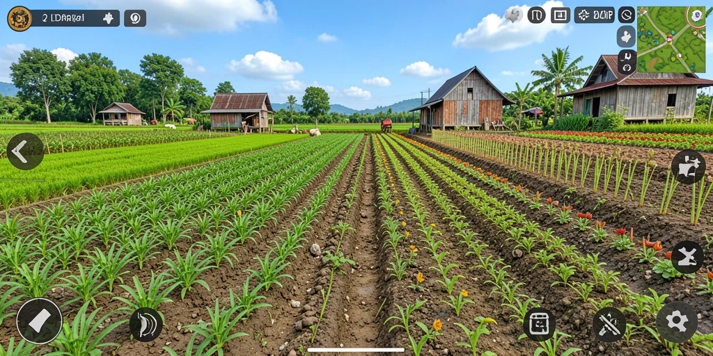 Screenshot gameplay menunjukkan aktivitas bertani yang seru dan interaktif.