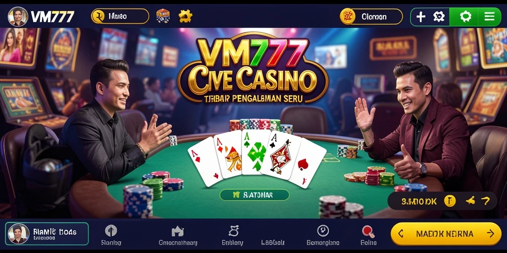 Screenshot utama VM777 menampilkan dealer Live Casino yang ramah dan permainan menarik.